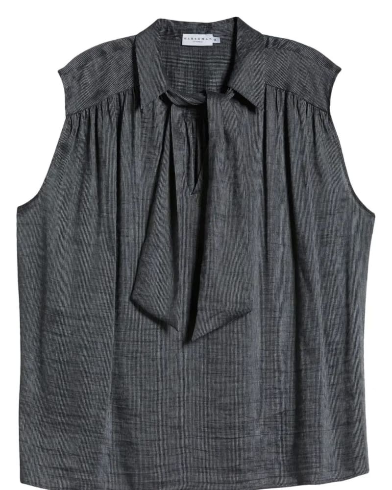 Front of a size 3X Lucille Blouse in Charcoal Stripes by HARSHMAN. | dia_product_style_image_id:349849